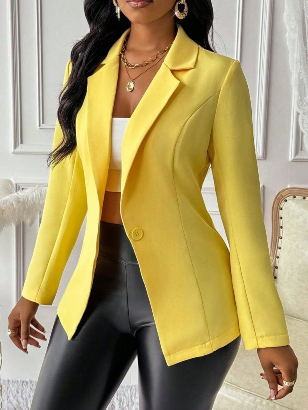 Yellow Elegant Lapel Long Sleeve Women's Blazer